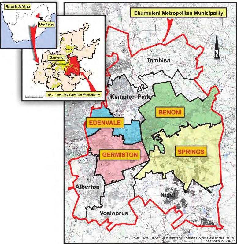 Figure 119: Ekurhuleni Location Plan As new connections have been made to the water distribution networks, the hydraulic capacity of the distribution system is slowly decreasing, which can have an