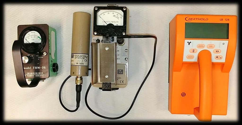 Figure 2 Contamination Meters From left to right: thin window GM detector, thin crystal sodium iodide scintillation detector, and a Zinc-sulphide scintillation detector. 10.9.