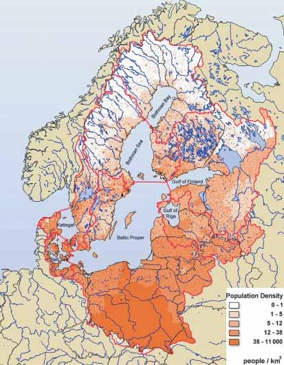 Figure 3. Population density in the Baltic Sea drainage area varies greatly from north to south (Source: GRID- Arendal). Table 2. Percenage of population in the catchment area of the Baltic Sea.