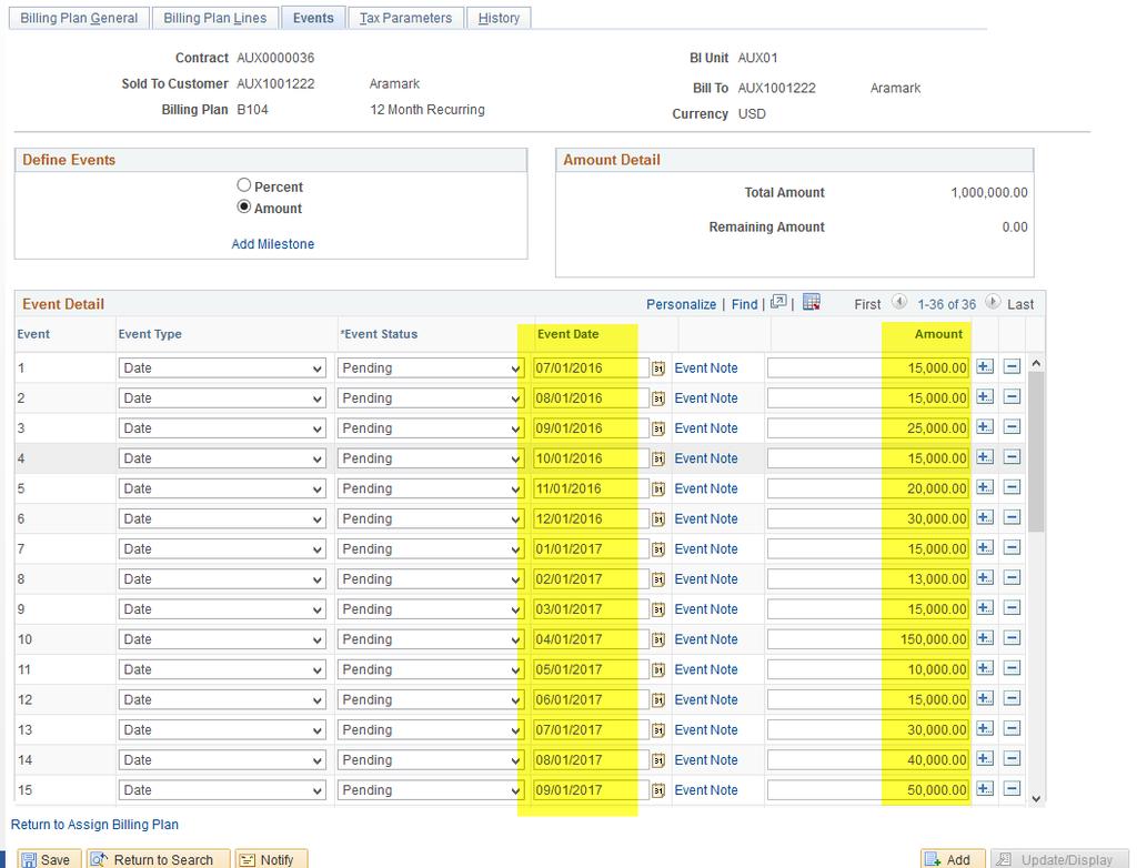 v. Adjust event dates and amounts to match your expected revenue as defined in the contract. vi. Review your work.