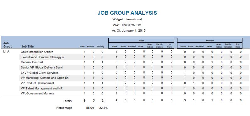 Job Group Analysis This report separately states the percentage of minorities and percentage of women the company employs in