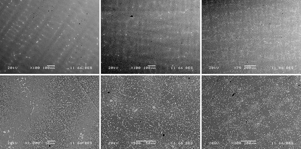 Fig. 6 Backscattered SEM images taken at low magnification (top) and high magnification (bottom) after 2040 h at 700 C (left), 800 C (middle), and 900 C (right) Fig.