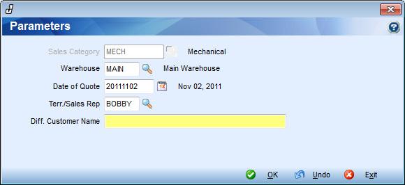 Quote Parameters Button Inventory -> Counter Sales -> Setup/Edit Quotations ~ Quote Parameters Button Quote Parameters Button The Parameters Button allows you to override the above default settings