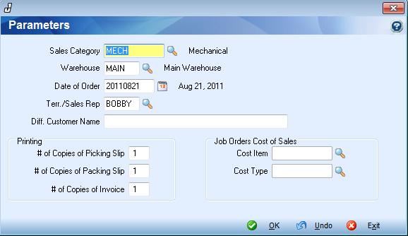 Parameters Button Inventory -> Counter Sales -> Over the Counter Sales ~ Parameters Button Parameters Button The Parameters Button allows you to override the above default settings for this order