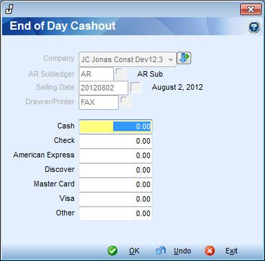 End of Day Cashout Inventory -> Counter Sales -> End of Day Cashout End of Day Cashout This program is used as a daily register closeout utility.