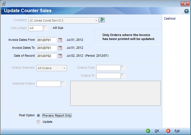 Update Counter Sales Inventory -> Counter Sales -> Update Counter Sales Update Counter Sales Update Counter Sales posts your sale to the General Ledger and updates Accounts Receivable.