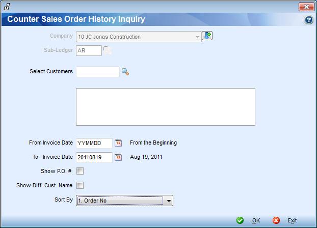 Order History Inquiry Inventory -> Counter Sales -> Order History Inquiry Order History Inquiry The Order History Inquiry screen gives you the same information as the Order History Button on the Over