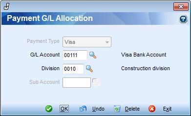Payment G/L Allocation Inventory -> Counter Sales -> Counter Sales Profile ~ Options Button ~ G/L Alloc Payment - G/L Allocation This screen is used for General Ledger allocation for different