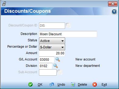 Setup Discounts/Coupons Inventory -> Counter Sales -> Counter Sales Profile ~ Options Button ~ Setup (Discounts/Coupons) Setup Discounts/Coupons This screen is used to setup or