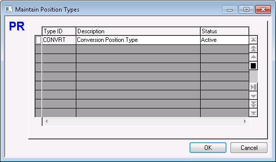 Maintain Position Types When Position Types... is selected from the Maintain Menu - Positions Submenu the Maintain Position Types dialog box displays.