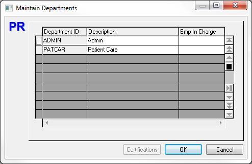 Maintain Departments Select Departments... from the Maintain menu to access the Maintain Departments dialog box.