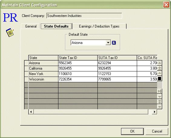 Maintain Client Configuration - State Defaults Tab The State Defaults tab allows you to enter state tax ID numbers and state unemployment tax information for the state(s) required for your payroll.