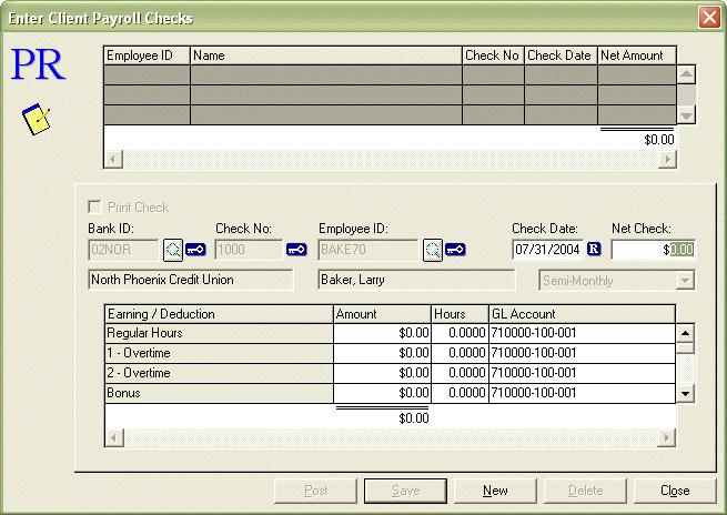 Enter Client Payroll Checks The Enter Client Payroll Checks dialog box is accessed by selecting Enter/Client Payroll Checks from the menu bar.