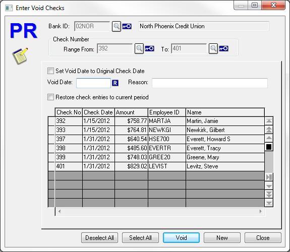 Enter Void Checks When Enter Void Checks... is selected from the Payroll Enter menu, the Enter Void Checks dialog box displays. This operation allows you to mark payroll checks as "Voided".