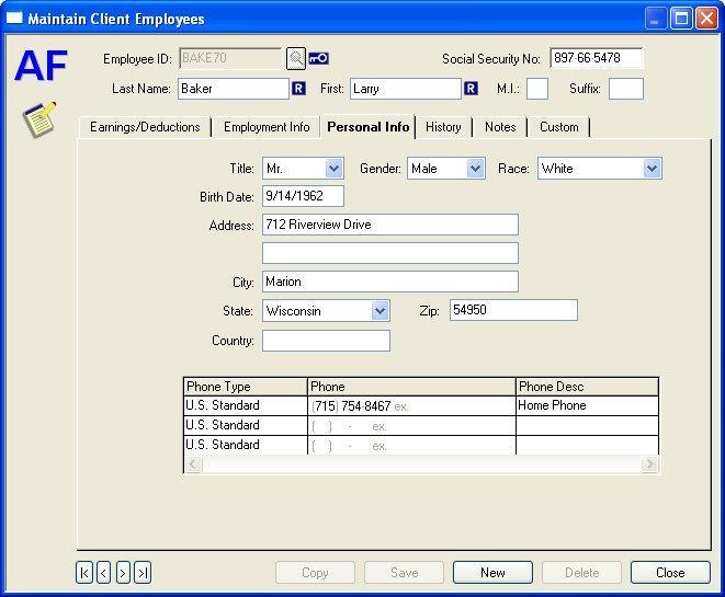 Maintain Client Employees - Personal Information Tab This tab allows you to enter and maintain the employee's birth date, address and telephone numbers.