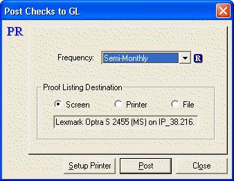 Process Post Checks to GL When Post Checks to GL... is selected from the Process menu the Post Check to GL dialog box displays.
