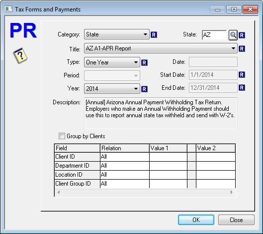 Process Tax Forms and Payments When Tax Forms and Payments... is selected from the Process menu the Tax Forms and Payments dialog displays.