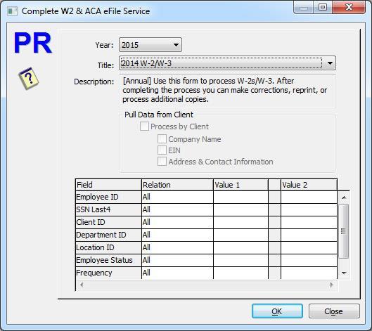 Process Year End Close - Complete W2 & ACA efile Service Center The Complete W2 & ACA efile Service Center dialog box is accessed from the Process - Year End - Print W-2s & 1099s & ACA sub menu