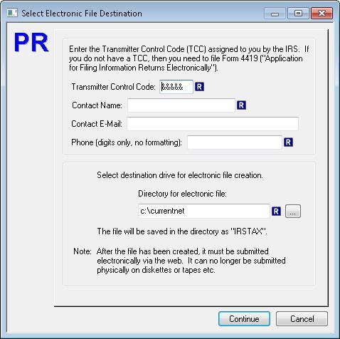 Year End - Print W2s and 1099s - 1099 Select Electronic File Destination When Electronic File is selected as the output option for 1099s on the Print W2s and 1099s dialog box, the Select Electronic