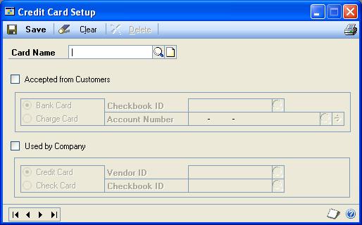 CHAPTER 15 FINANCIAL INFORMATION Use the Credit Card Setup window to set up information about each of the credit cards that your company uses.