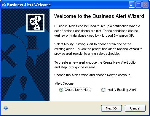 Chapter 29: Business Alerts setup Use the Business Alert wizard to create a Microsoft SQL Server query that checks your data for the conditions you specify.