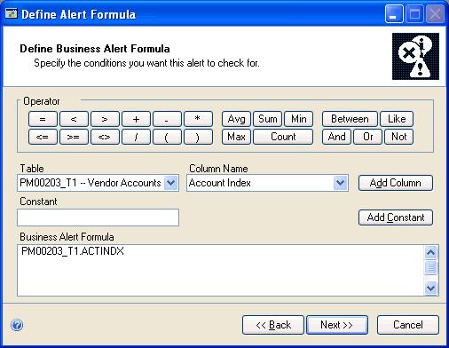 PART 6 BUSINESS ALERTS 6. Choose Next and refer to Defining an alert formula on page 188 to continue setting up this alert.