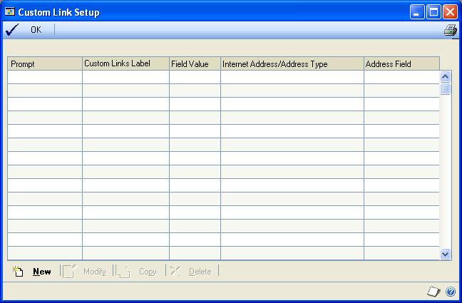 PART 7 CUSTOMIZING MICROSOFT DYNAMICS GP Adding new custom links Use the Customer Link Setup window and the Create/Modify Custom Link window to create custom links to launch Microsoft Outlook to