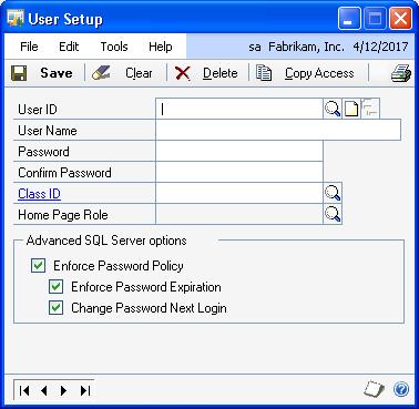 PART 2 USER SETUP To create a user record: 1. Open the User Setup window. (Microsoft Dynamics GP menu >> Tools >> Setup >> System >> User) 2.