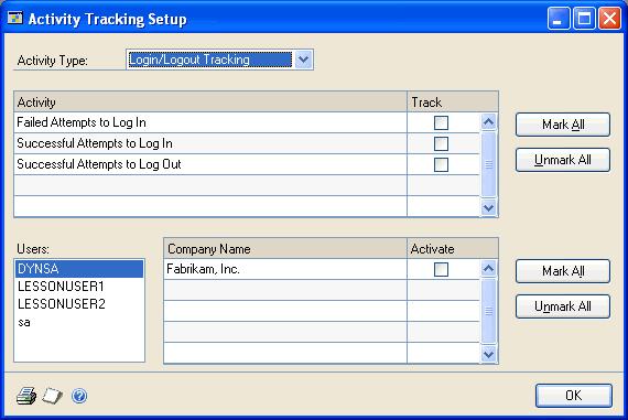 CHAPTER 9 ACTIVITY TRACKING about removing activity tracking detail, see Removing activity tracking detail on page 51. To set up activity tracking: 1. Open the Activity Tracking Setup window.