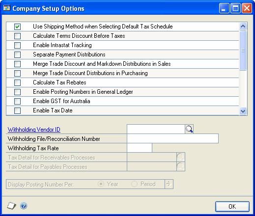 PART 3 COMPANY SETUP To set up company options: 1. Open the Company Setup Options window. (Microsoft Dynamics GP menu >> Tools >> Setup >> Company >> Company >> Options button) 2.