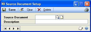 CHAPTER 13 POSTING SETUP To set up an additional source document code: 1. Open the Source Document Setup window. (Microsoft Dynamics GP menu >> Tools >> Setup >> Posting >> Source Document) 2.