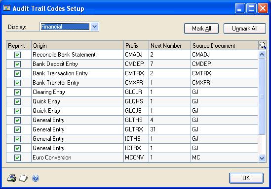 CHAPTER 13 POSTING SETUP To assign source document codes to audit trail codes: 1. Open the Audit Trail Codes Setup window.