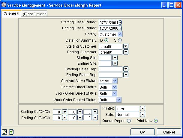 Figure 1: Selection Criteria for Service Gross Margin Report Field Definitions Starting Fiscal Period Ending Fiscal Period Enter the range of fiscal periods you wish to print on this report.