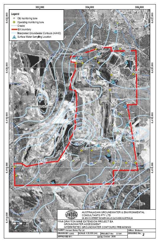 Figure 13: Interpreted groundwater contours pre mining (Drayton Environmental Assessment,