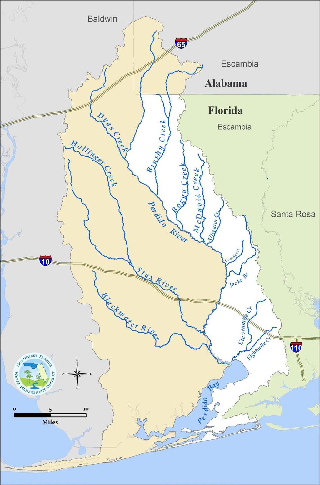 Perdido River and Bay Watershed 1,165 square miles 70% in Alabama; 30% in Escambia County, Florida Perdido River serves as the state line Perdido River annual average discharge to Perdido Bay 783