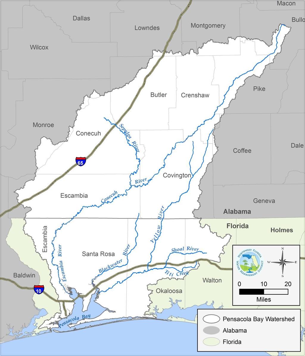 Pensacola Bay System 7,000 square mile watershed 65% in Alabama; 35% in Florida Four of Florida s major rivers Five interconnected