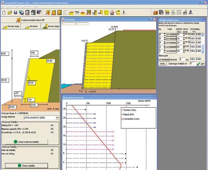 Fully interactive, it allows you to input and easily alter wall geometry, geogrid grade or layout, surcharge load and/or soil characteristics all on a single screen image to determine stability data