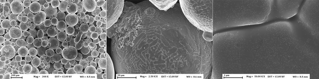 Additive manufacturing Fig. 1 - SEM micrographs of gas atomized stainless steel powder 316L (Fe-16Cr-10Ni-2Mo-2Mn-0.