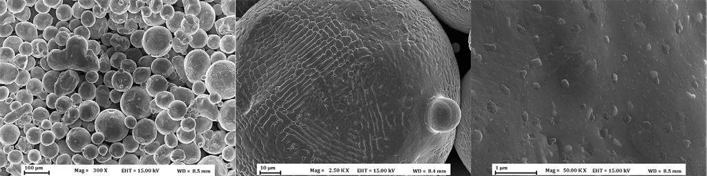 2 - SEM micrographs of gas atomized stainless steel powder 316L after one EBM cycle (recycled powder), showing