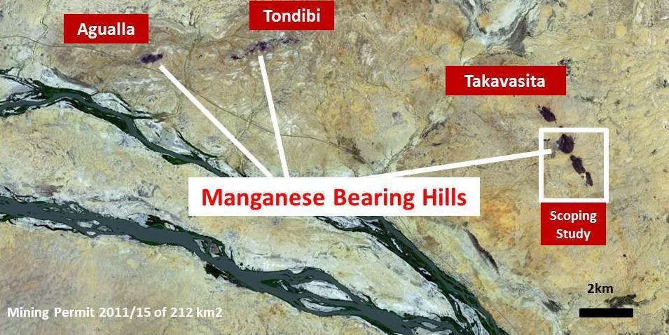 Focus on Early Production Mining Permit 2011/15 of 212 km2 2km Mine Lease near a bitumen road and water Satellite photo shows manganese extends