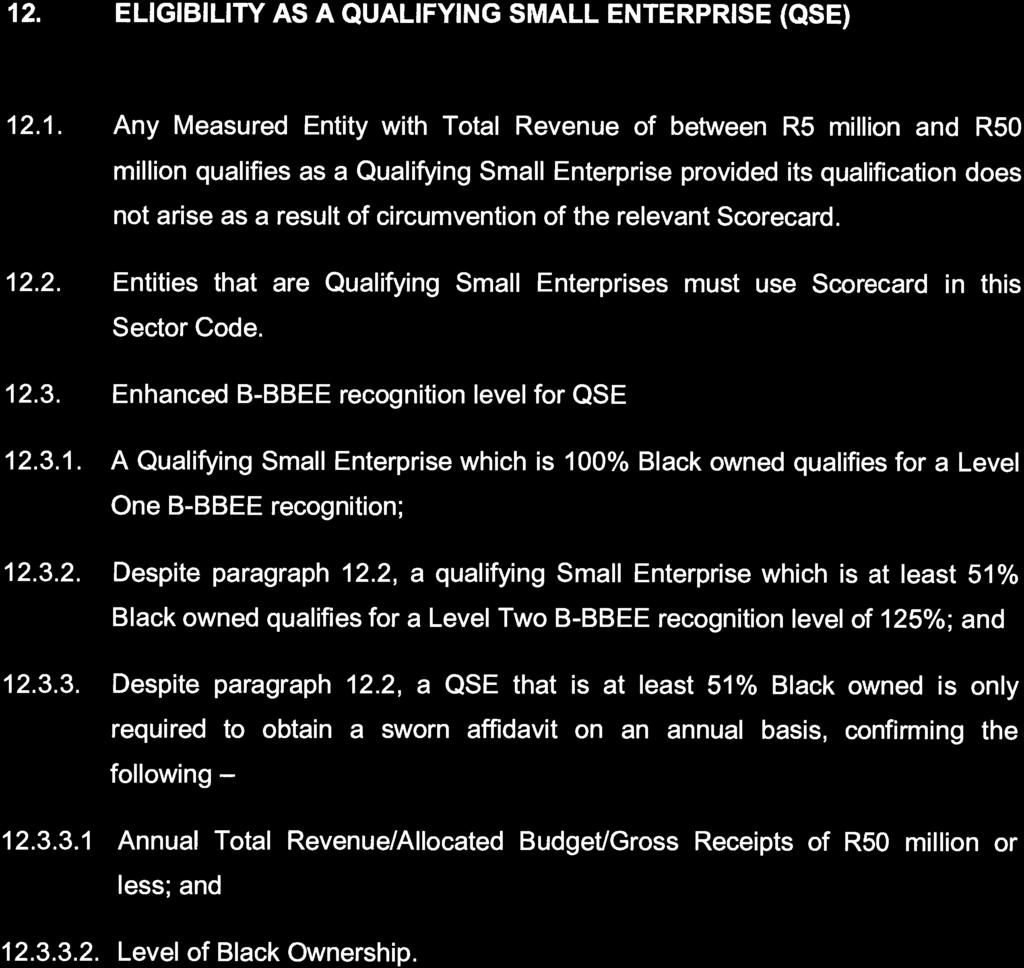168 No. 41024 GOVERNMENT GAZETTE, 4 AUGUST 2017 12. ELIGIBILITY AS A QUALIFYING SMALL ENTERPRISE (QSE) 12.1. Any Measured Entity with Total Revenue of between R5 million and R50 million qualifies as