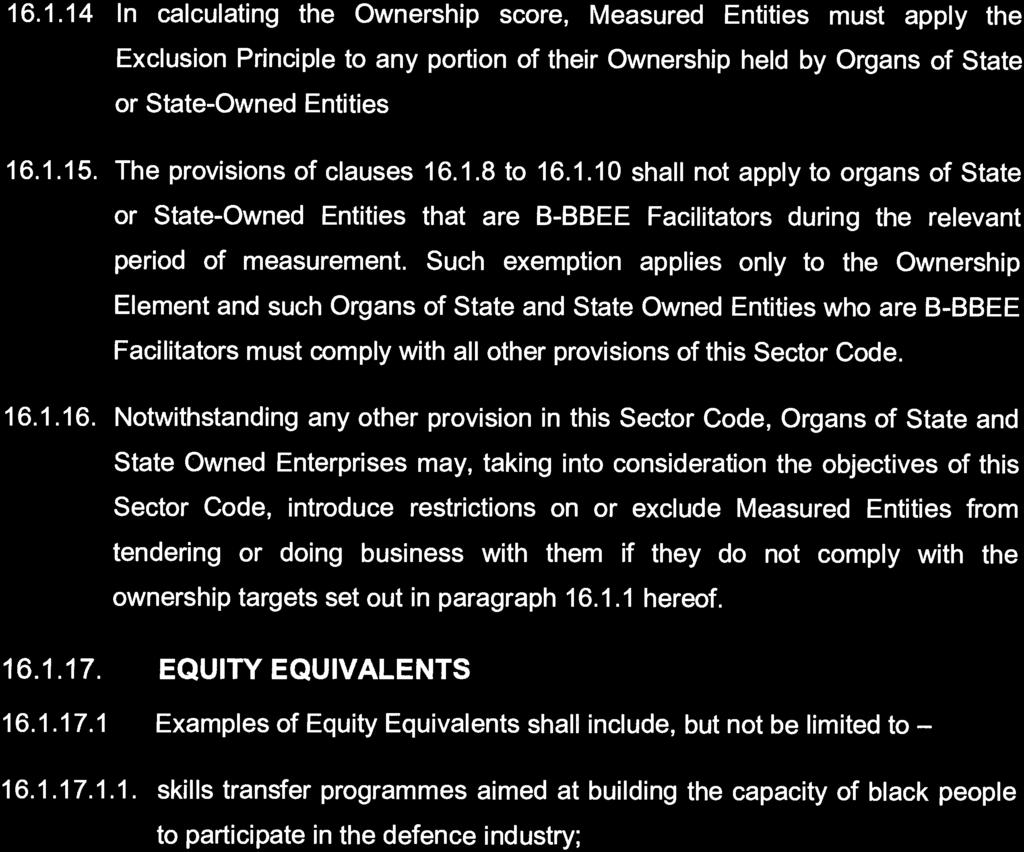 176 No. 41024 GOVERNMENT GAZETTE, 4 AUGUST 2017 16.1.14 In calculating the Ownership score, Measured Entities must apply the Exclusion Principle to any portion of their Ownership held by Organs of State or State -Owned Entities 16.
