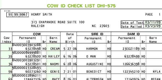 DHI-570, 571, 575, 576 69 575 Cow ID Check List provides a list of all