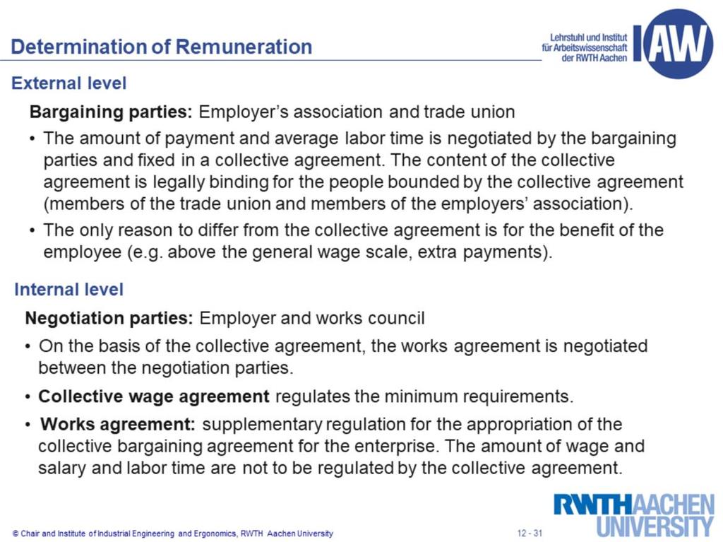 Wage agreements are negotiated between employer s associations and trade unions on the external level; these contracts can be valid for an entire branch, or at least for the relevant area as defined