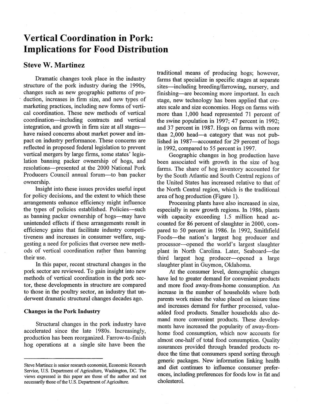 Vertical Coordination in Pork: Implications for Food Distribution Steve W.