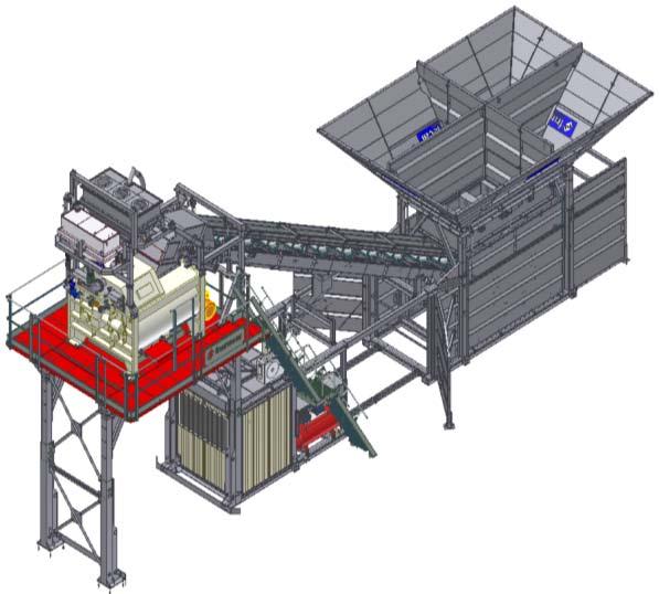 Wet way batching plant. 1.7 m 3 per batch. Twin shaft mixer FTS 2500/1700 Modular design for transport with only one 40 high cube container.