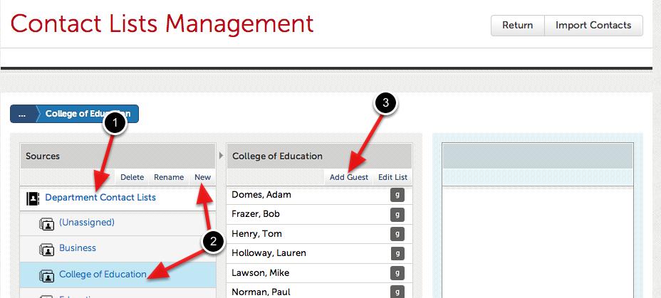 Add Site Assessors Individually If you only have a few Site Assessors to add you can do this manually. 1. Select the 'Department Contacts Lists' option in the 'Sources' column. 2.