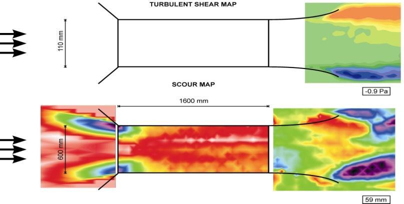 Figure 7 Turbulent Shear and Corresponding Scour Map with Streamlined Exit Horseshoe and Wake Vortex Systems The horseshoe and wake vortex systems which form on the upstream and downstream sides of a