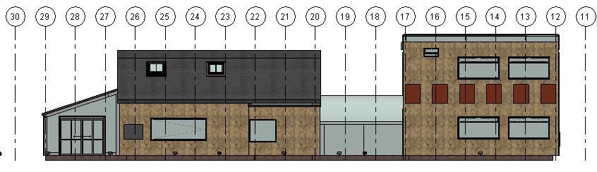 The Northern Elevation Shows the addition of the Steel framed Lobby area and Glazed walk way between the existing building and the extension.
