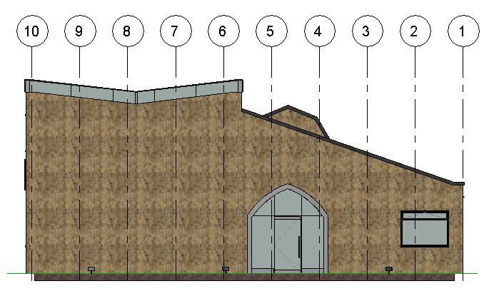 The western elevation shows the shape of the new extension building showing the inverted pitch roofline and the slope on the right hand side which